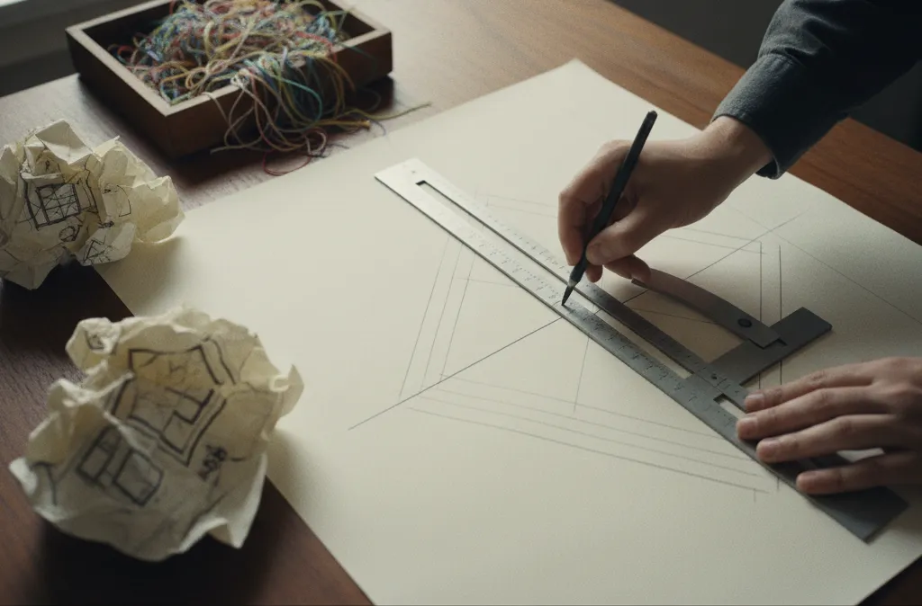 An architect precisely sketches with a ruler.